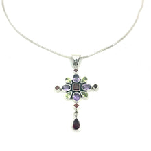 Load image into Gallery viewer, Nicky Butler SS Amethyst Multi Gem Flower Cross Pendant &amp; Chain