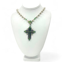 Load image into Gallery viewer, Nicky Butler Fashion Green Multi Crystal &amp; Faux Pearl Beaded Cross Necklace